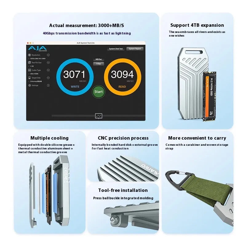 Silver aluminium external SSD enclosure for M.2 drives with Thunderbolt 4 40Gbps port