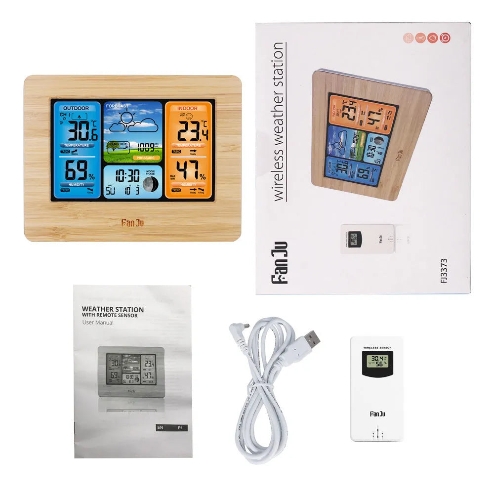 Rectangular plastic weather station with LCD display showing temperature and weather information