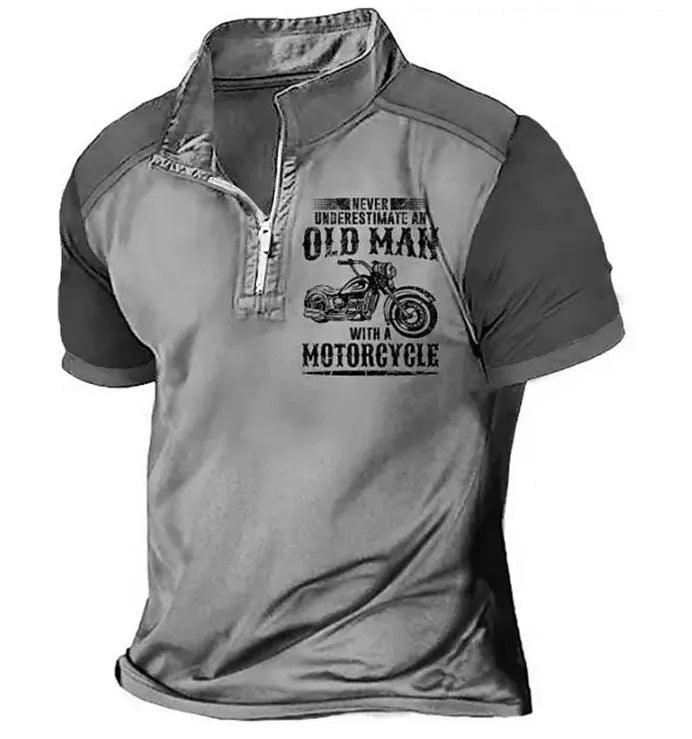 Men's grey casual polo shirt with a lapel collar, short sleeves, and a white digital letter print design on the chest.