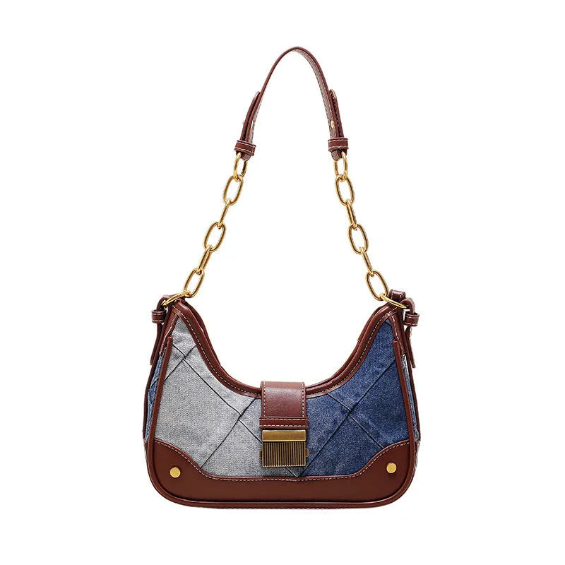 Brown denim women's shoulder bag with diamond chain detail and adjustable double straps