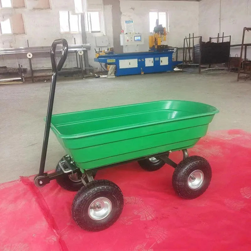 Green four-wheel plastic dump truck with steel PP construction and 350kg load capacity