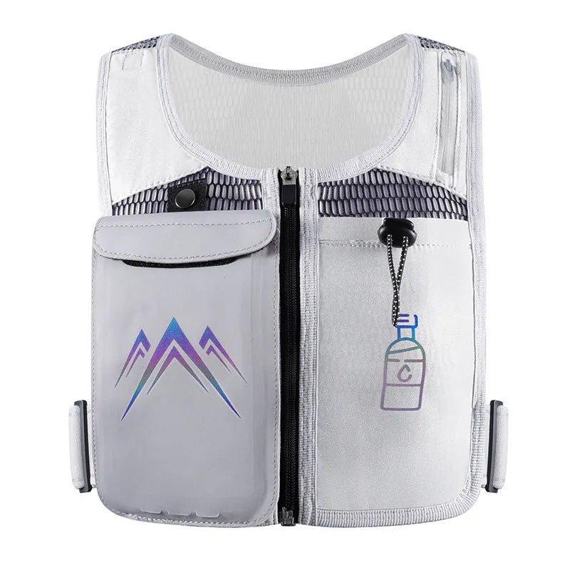Sports running vest with integrated mobile phone bag in breathable mesh fabric