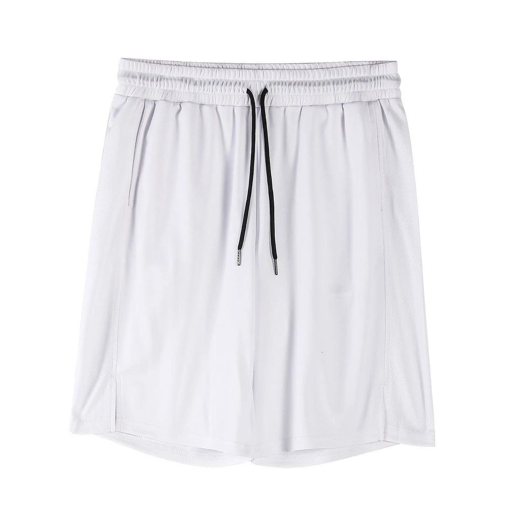 Men's quick-drying mesh shorts in black or white with elastic waist and loose casual fit for summer wear