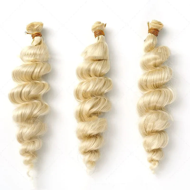 Golden synthetic hair weft in three lengths: 18in, 20in, 22in