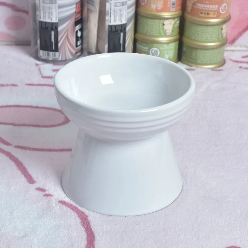 Black ceramic pet bowl with high foot and neck design for anti-tumble feeding