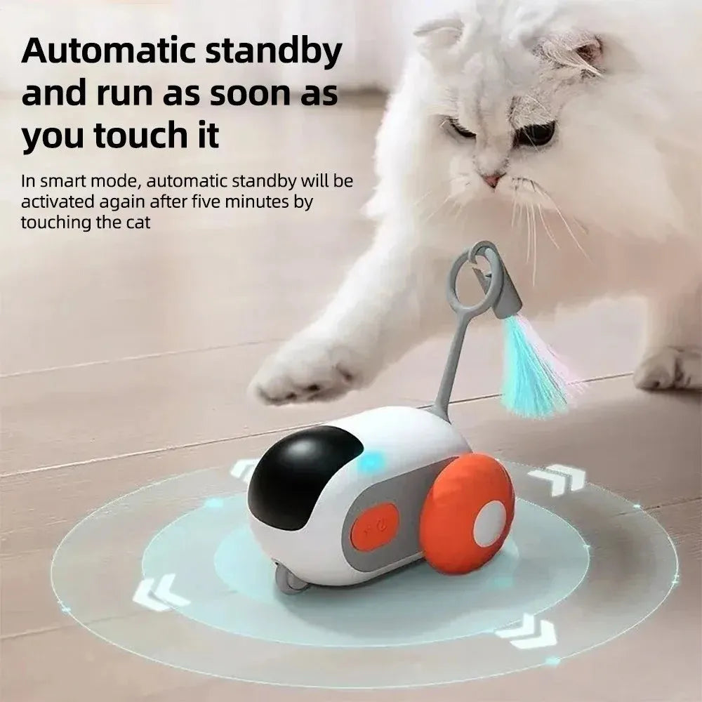 Smart interactive cat toy car with remote control and feather teaser attachment in blue colour