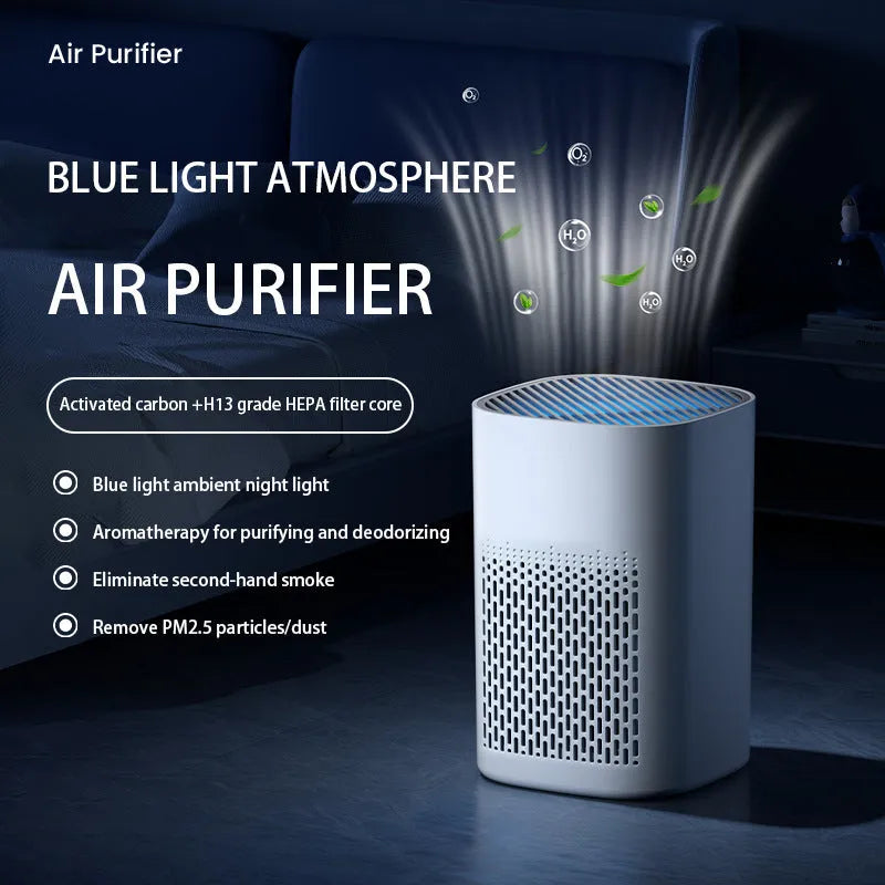 Desktop air purifier with simple design showing USB power connection