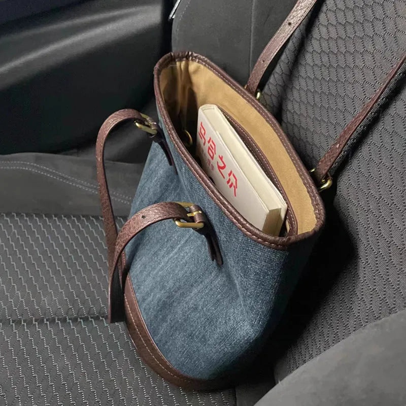 Retro denim patchwork one-shoulder bucket handbag with large capacity storage