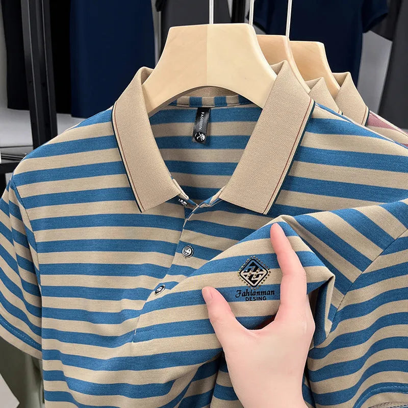 Striped casual men's shirt with mosaic pattern in polyester, available in red, blue, and green colours