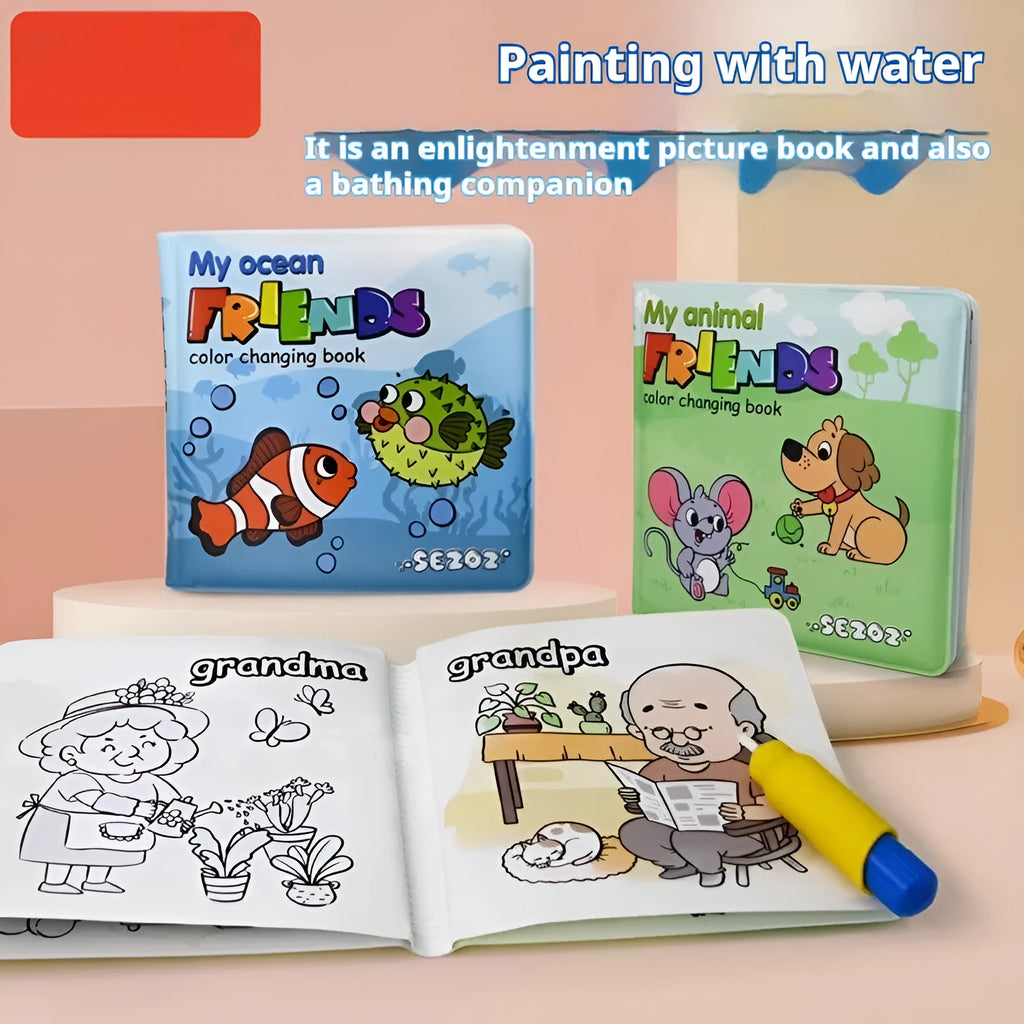 Colour changing bath book for babies with waterproof PEVA pages showing animal friends design