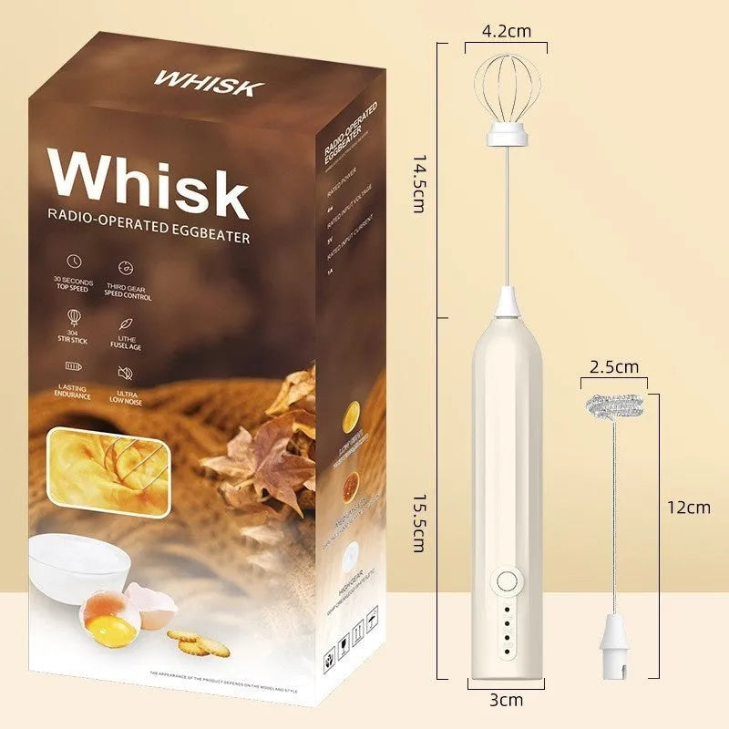 USB rechargeable handheld electric milk frother in black, white and khaki colours
