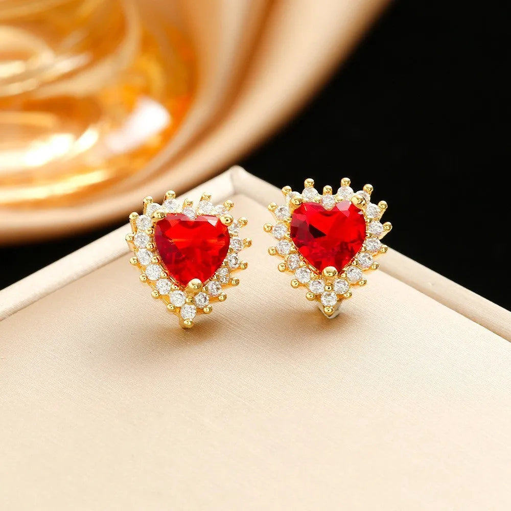 Gold red heart jewellery suit with mixed gem inlays on titanium steel necklace, earrings and ring