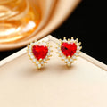Gold red heart jewellery suit with mixed gem inlays on titanium steel necklace, earrings and ring