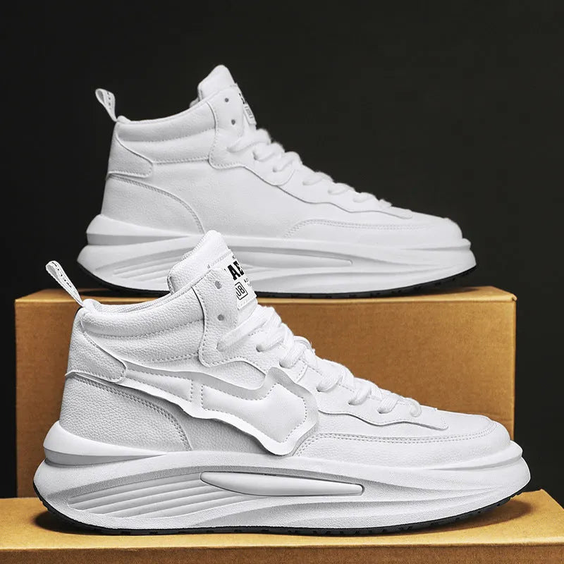 Men's black and white high-top platform board shoes with round toe made from artificial PU.