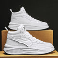 Men's black and white high-top platform board shoes with round toe made from artificial PU.
