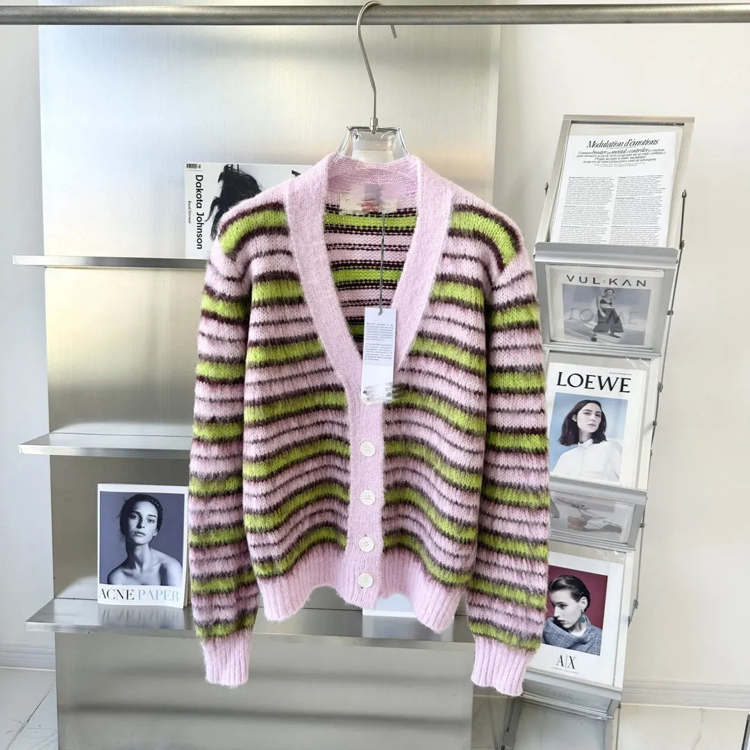 Pink wool knitted cardigan sweater showing both cardigan and round-neck pullover style options