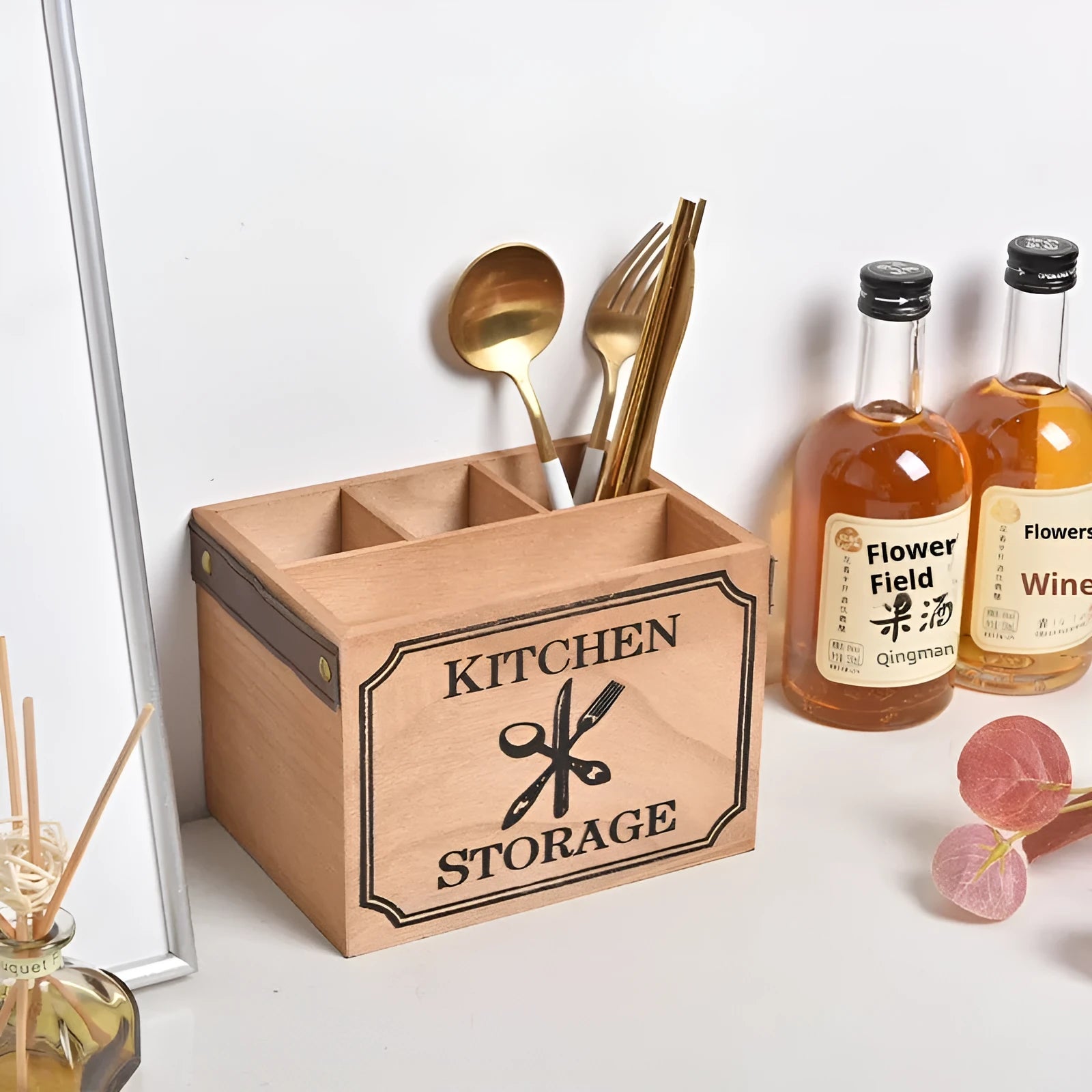 Wooden kitchen storage box with grid divider for knives, forks and chopsticks organisation