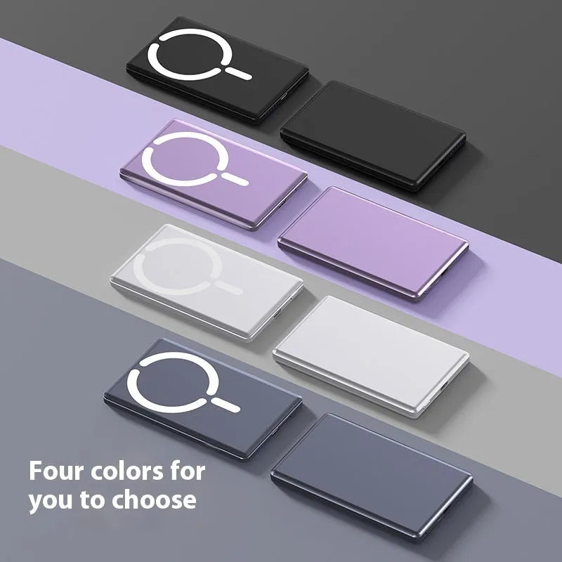Ultra-thin magnetic power bank in dark grey, silver, black, or violet colours with compact 105x66x9mm dimensions