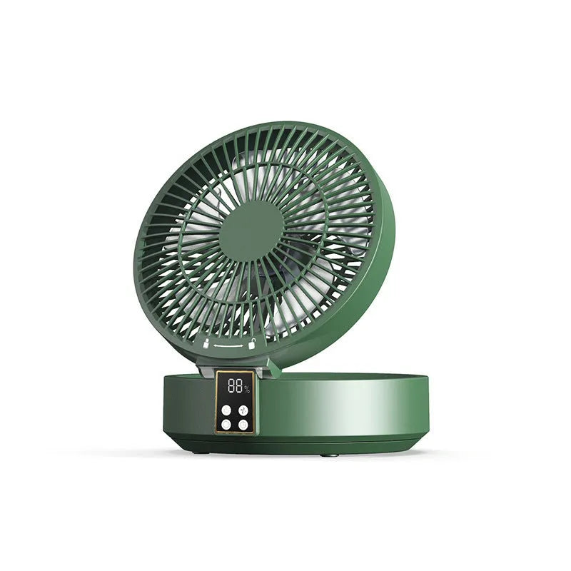 White USB rechargeable folding fan with remote control on a desk, showing 90° adjustable head and night light