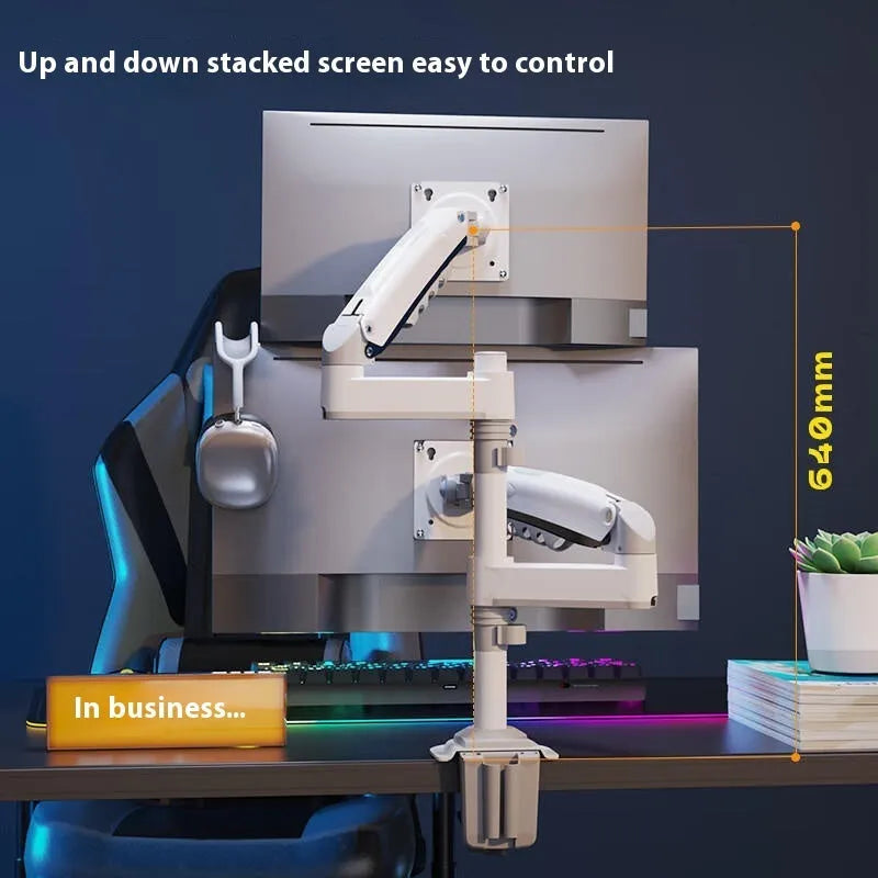 Dual screen vertical computer monitor bracket in aluminium alloy with mechanical height adjustment