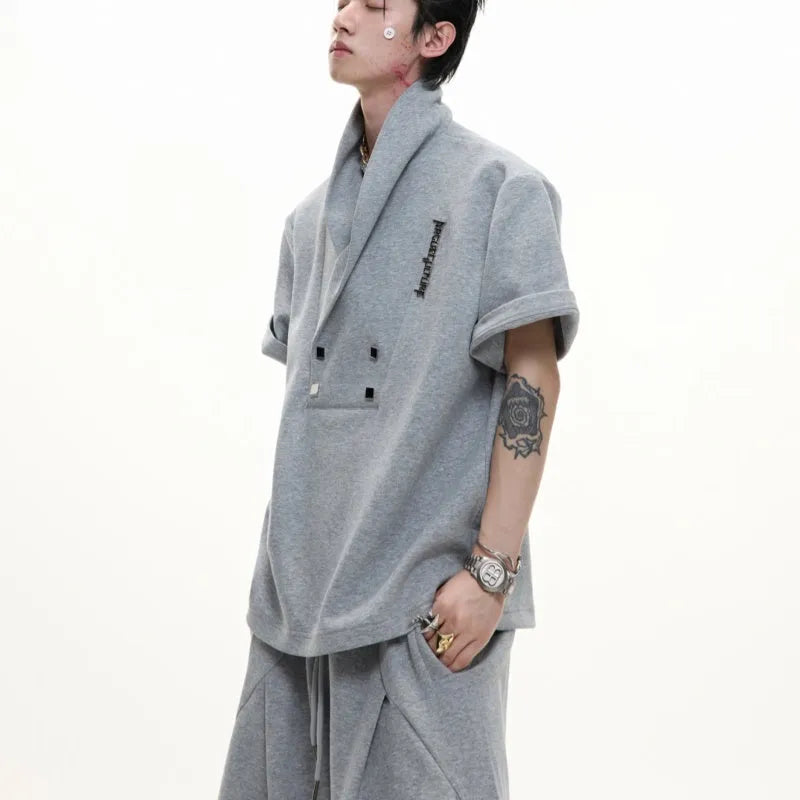 Men's dark grey metal embellished cotton sports suit with V-neck jacket and matching shorts