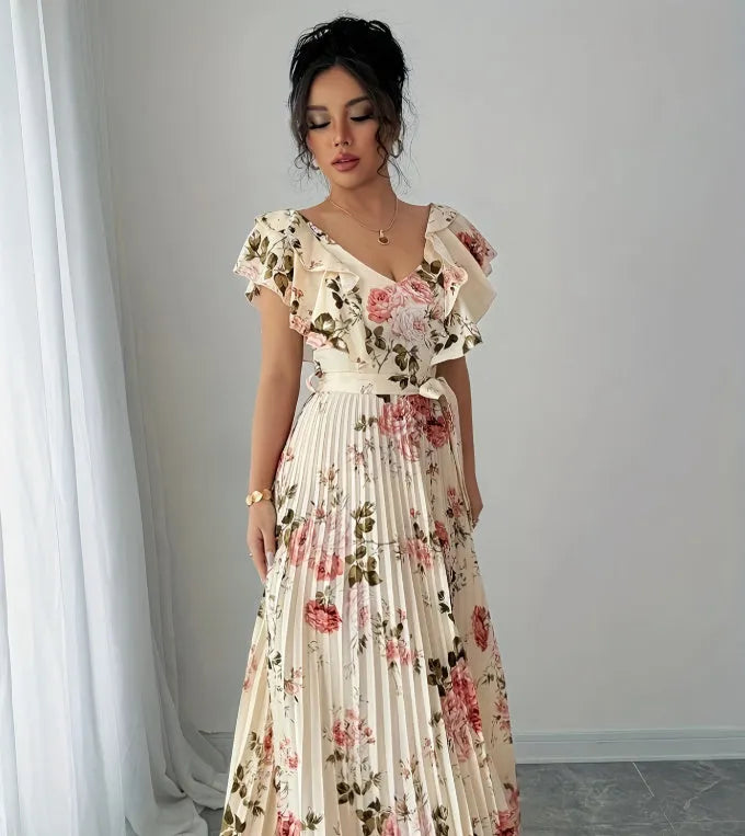 Apricot floral print women's dress with V-neck, ruffled sleeves, high waist, and long swing skirt