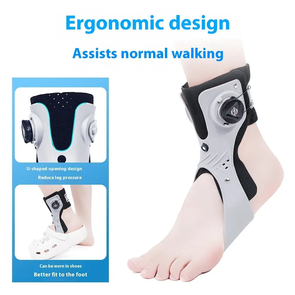Grey and black airbag button ankle support brace shown on left and right foot