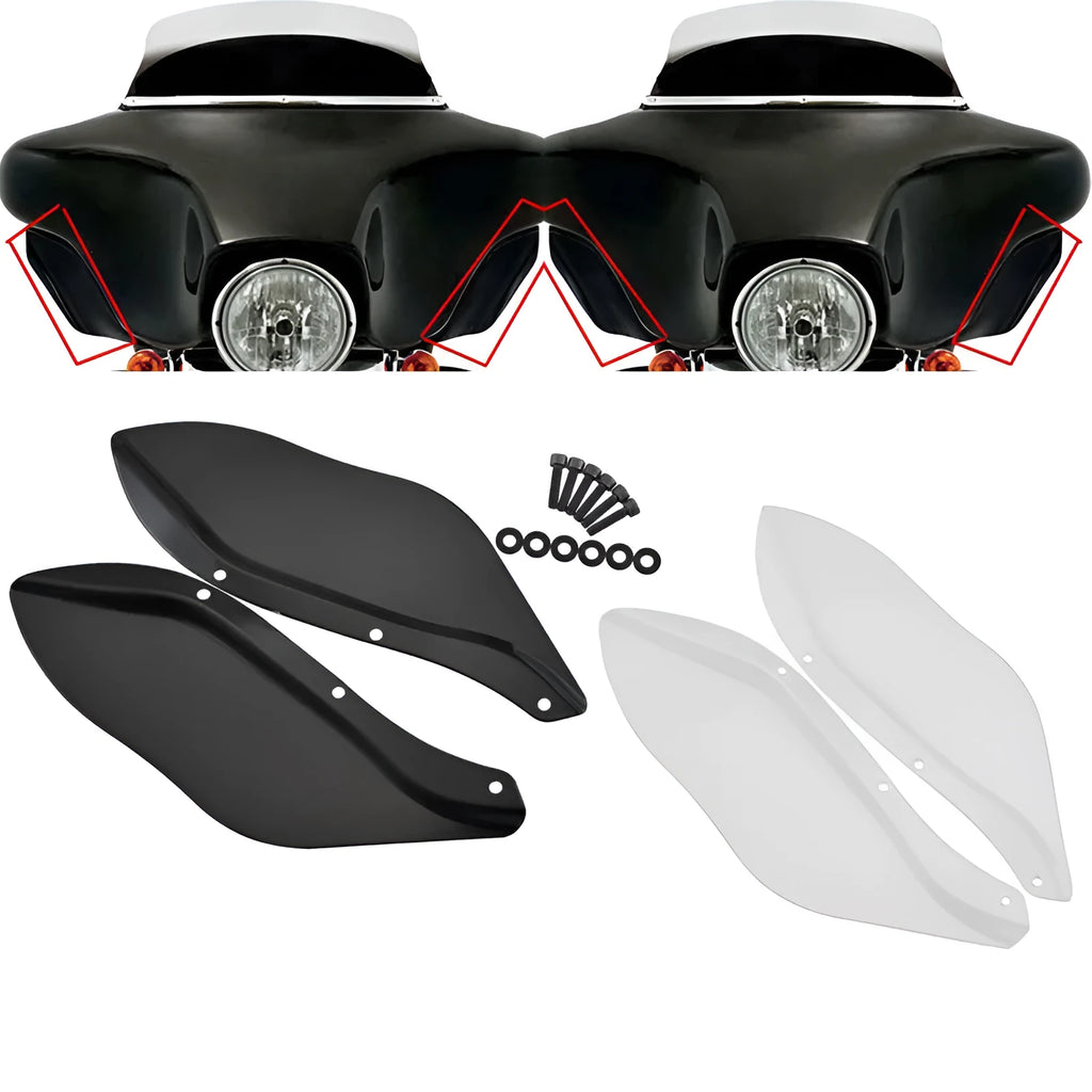 Harley-Davidson motorcycle windshield side covers in black and transparent options for Touring models