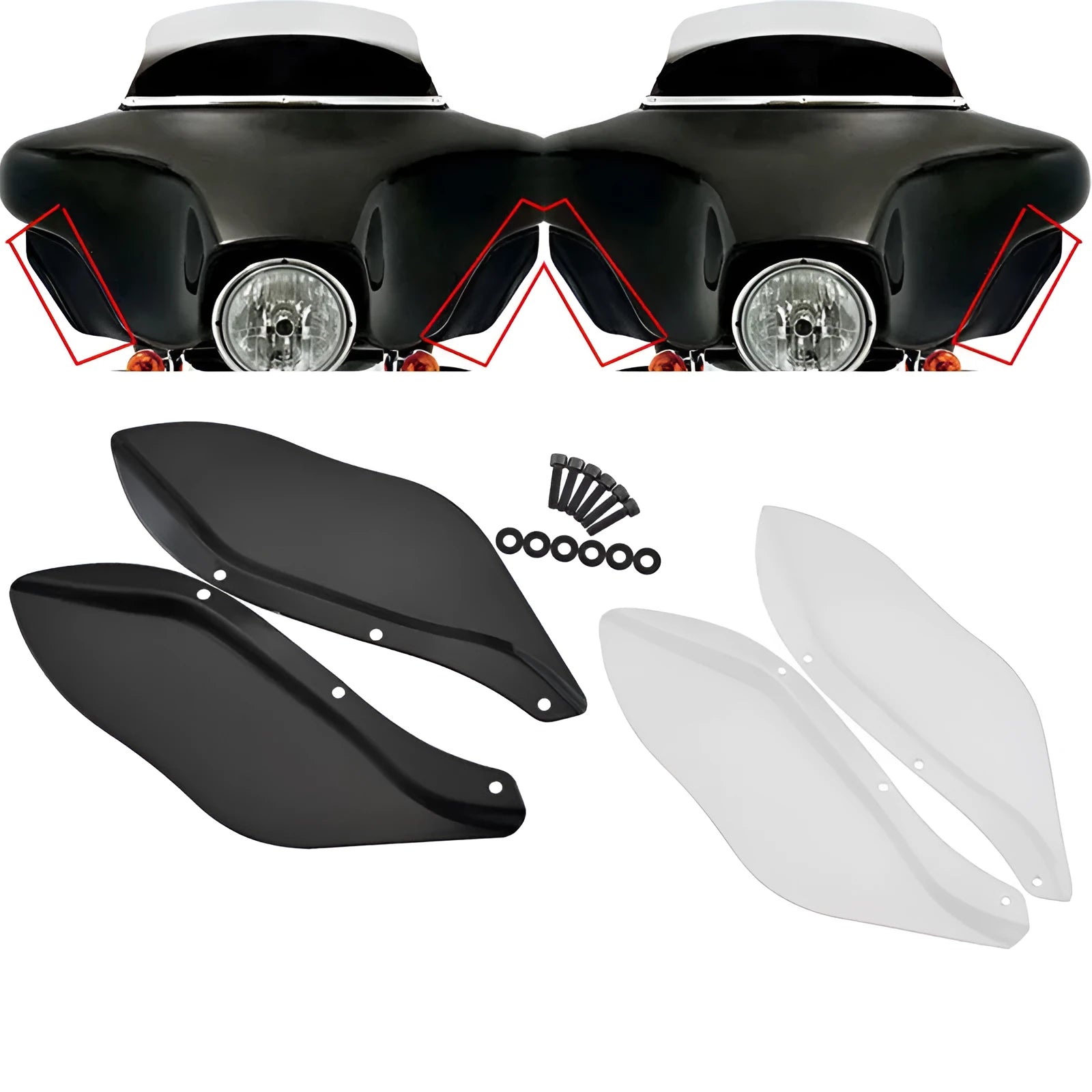 Harley-Davidson motorcycle windshield side covers in black and transparent options for Touring models