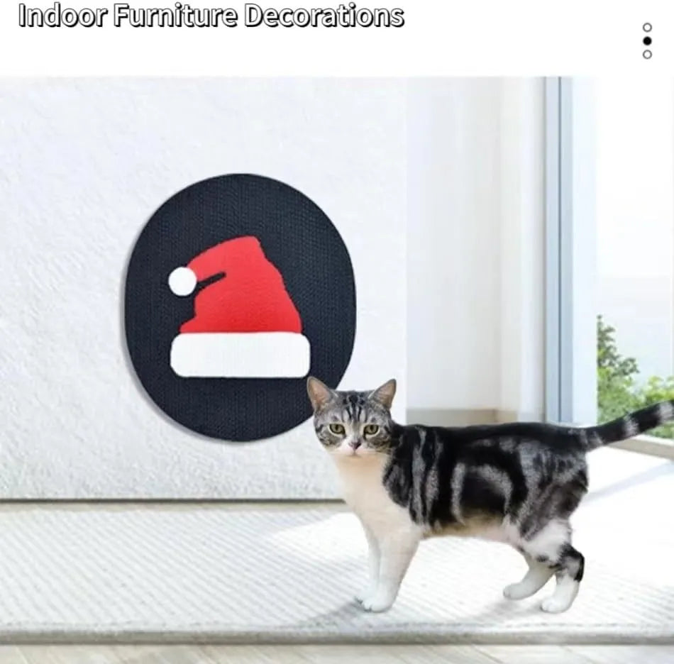 Wall-mounted corrugated cardboard cat scratcher with a decorative design on a wall.