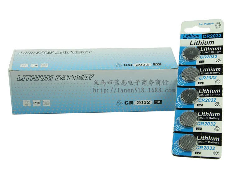 CR2032 3V lithium button battery showing front and side views with scale