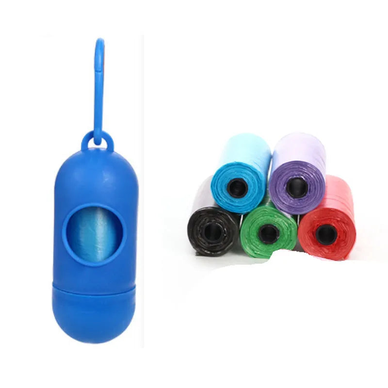 Pet waste bags in six colours showing black, blue, green, light blue, pink and red options