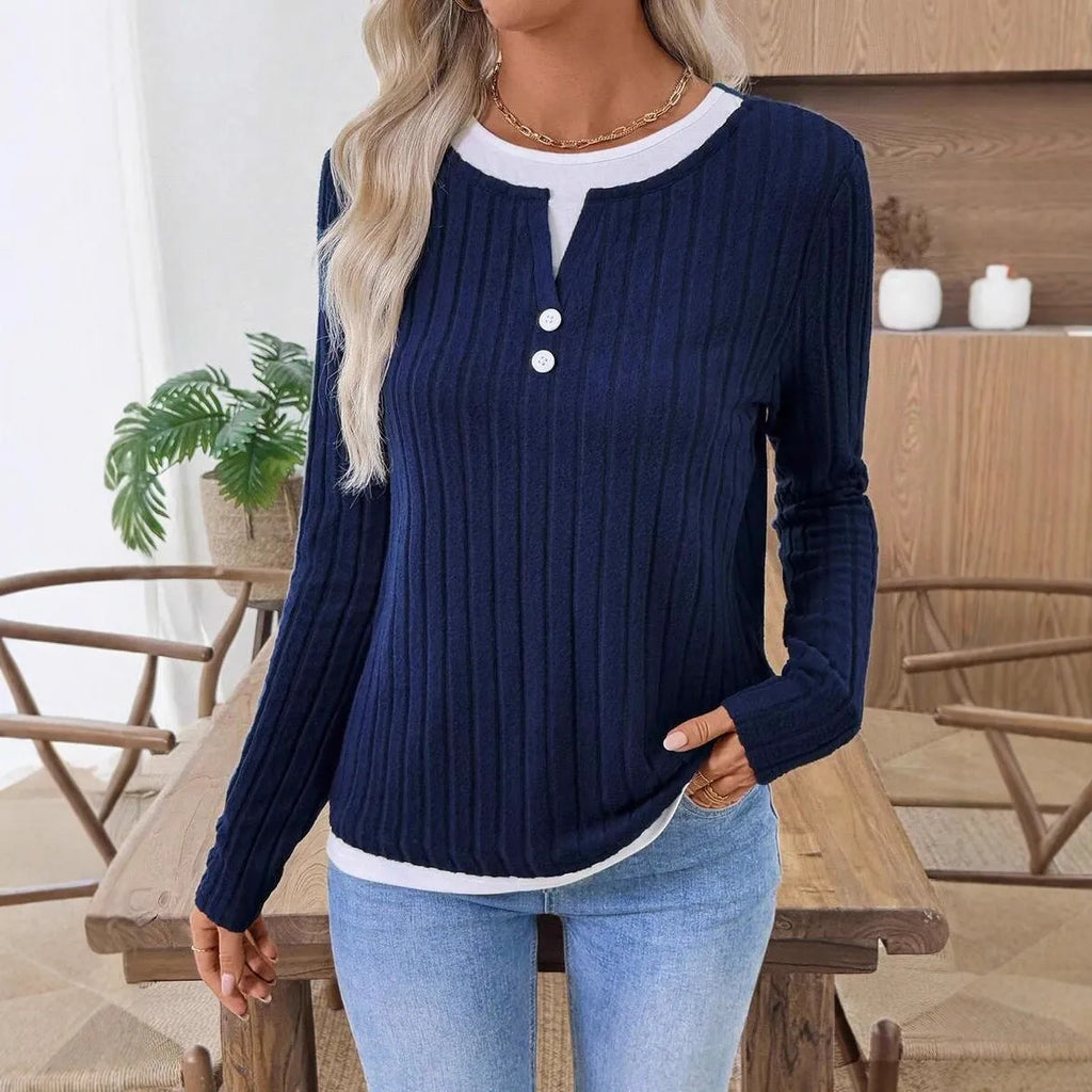 Women's fake two-piece round neck button pullover sweater in concave stripe polyester