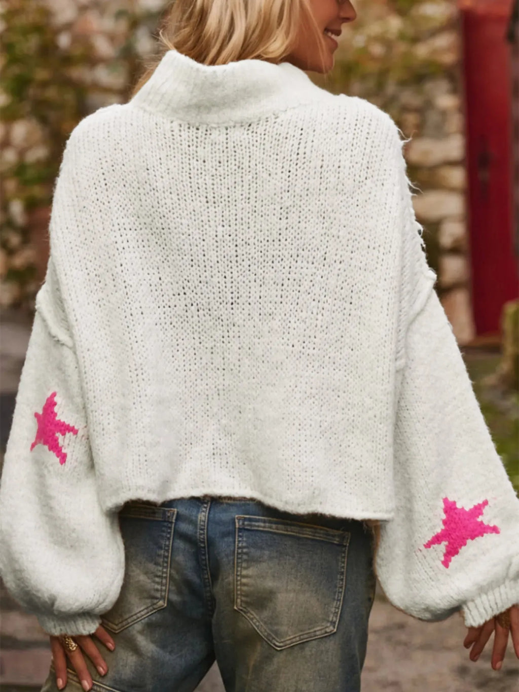 White women's turtleneck pullover sweater with five-pointed star pattern on imitation velvet fabric