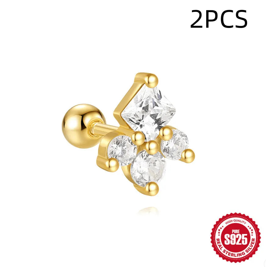 S925 sterling silver red flower stud earrings with square gravel texture in a gold colour.