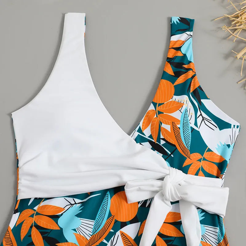 Women's high-waist printed one-piece bikini swimsuit in polyester fabric