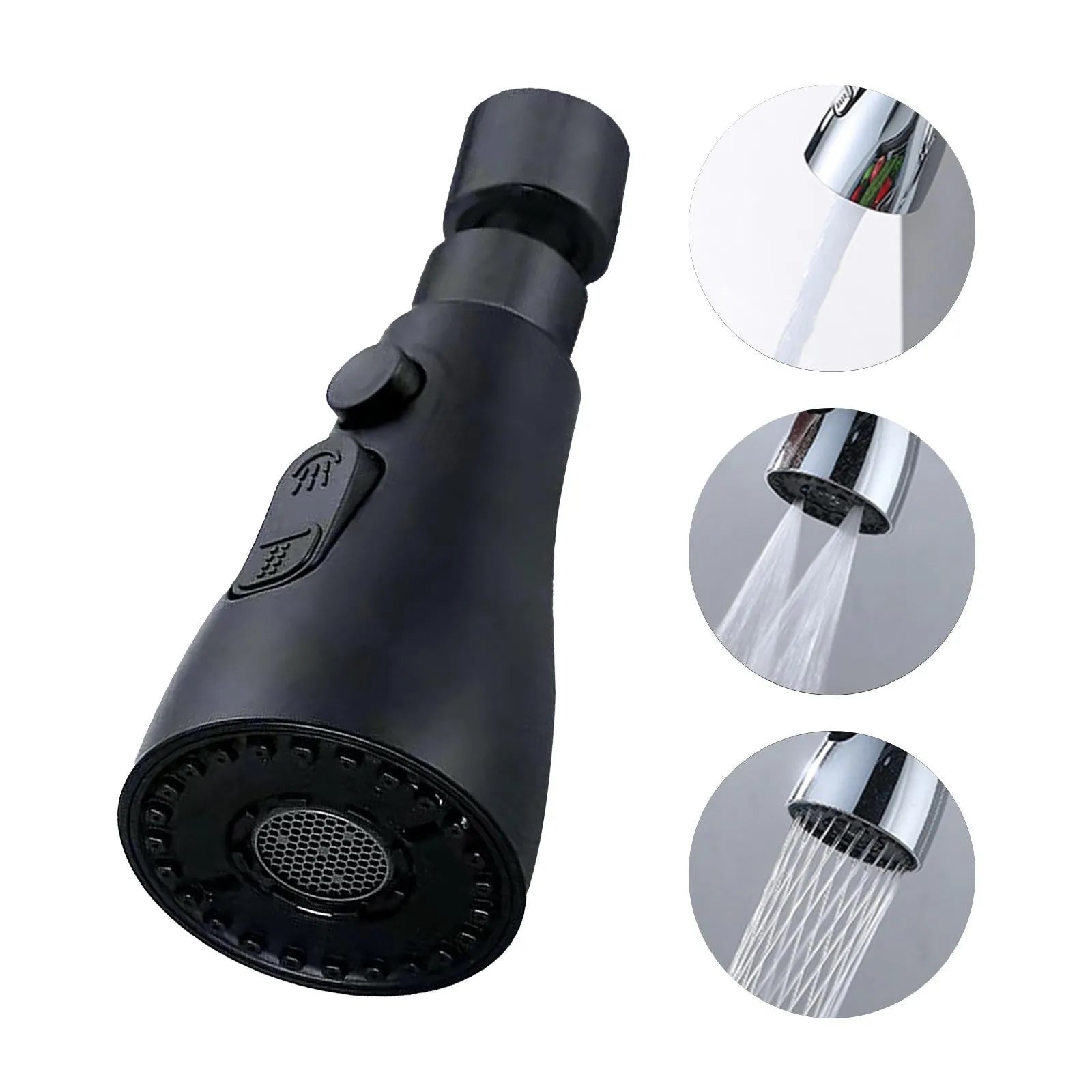 Silver universal pressurised kitchen faucet sprayer with rotating head and three-mode selector