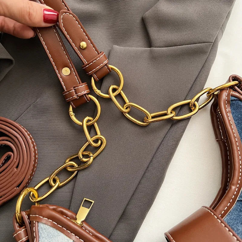 Brown denim women's shoulder bag with diamond chain detail and adjustable double straps