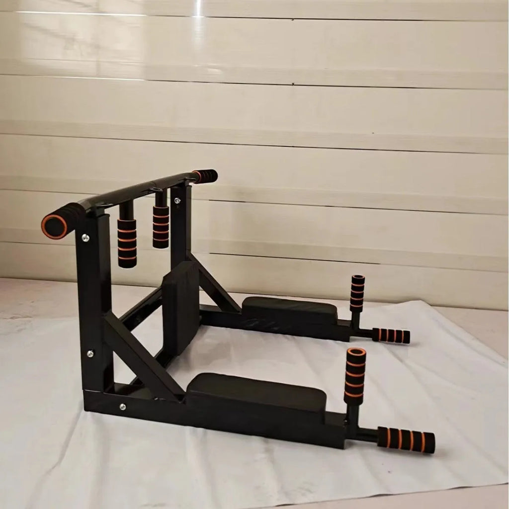 Black wall-mounted fitness equipment with sandbag rack and single parallel bars for pull-ups