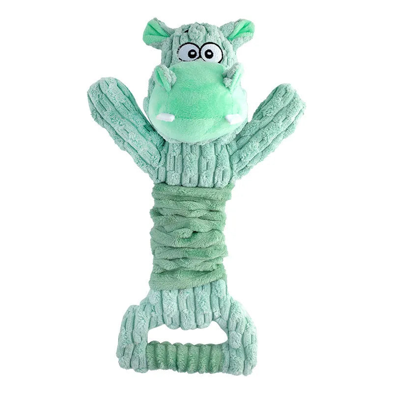Large plush hippo or monkey dog toy with a handle, for squeaky and tug of war play