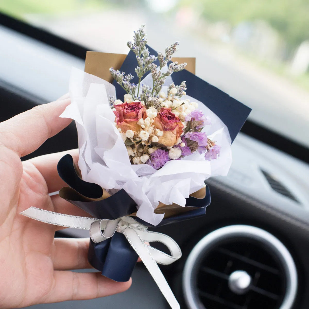 Handmade dried flower bouquet car vent air freshener in a choice of 13 colours.