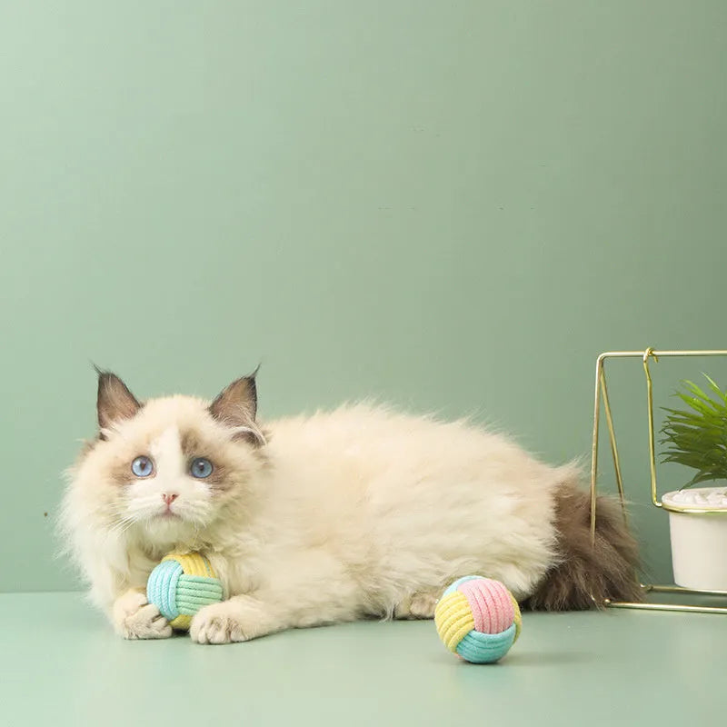 Handmade cotton plush cat toy in blue pink green colours measuring 5cm diameter