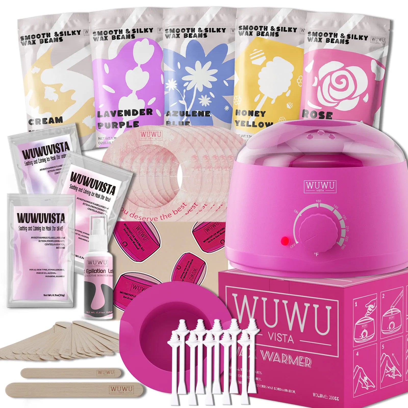 Professional waxing kit with black wax warmer, pots of hard wax beans, applicator sticks and post-care products on a pink background.