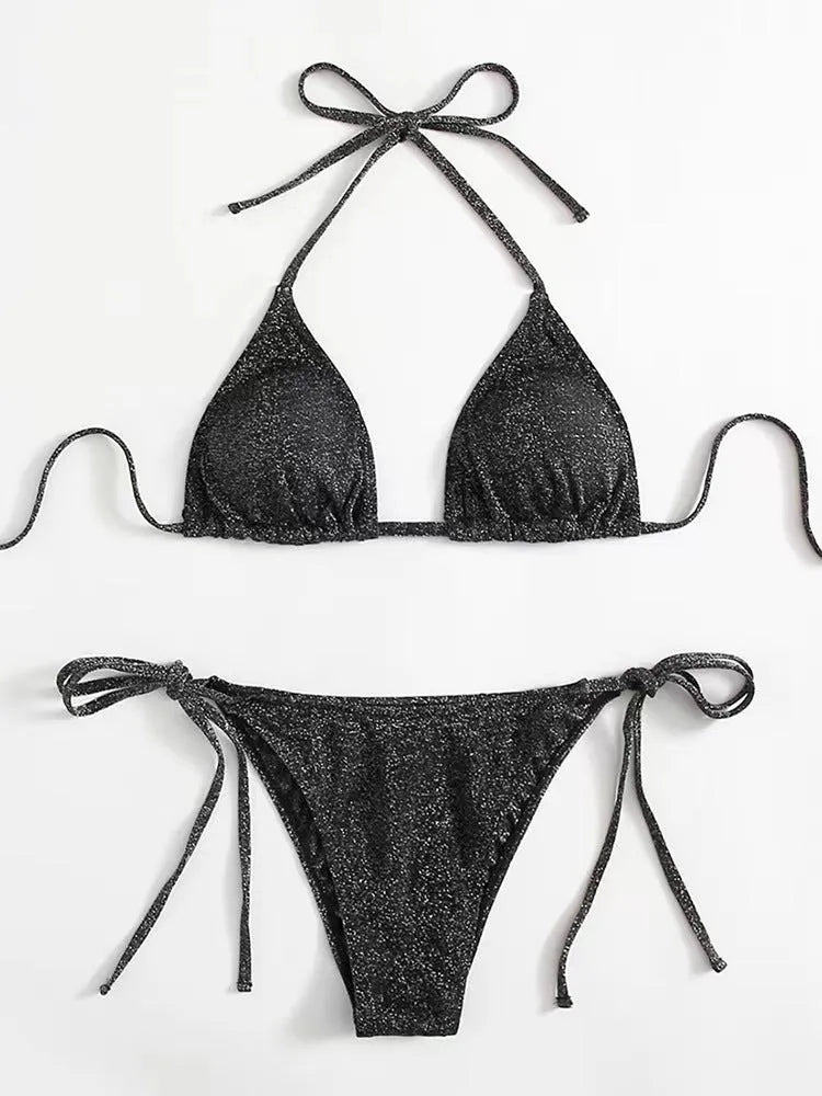 Women's khaki gold split bandage bikini swimsuit set on a model, showing the top and briefs.