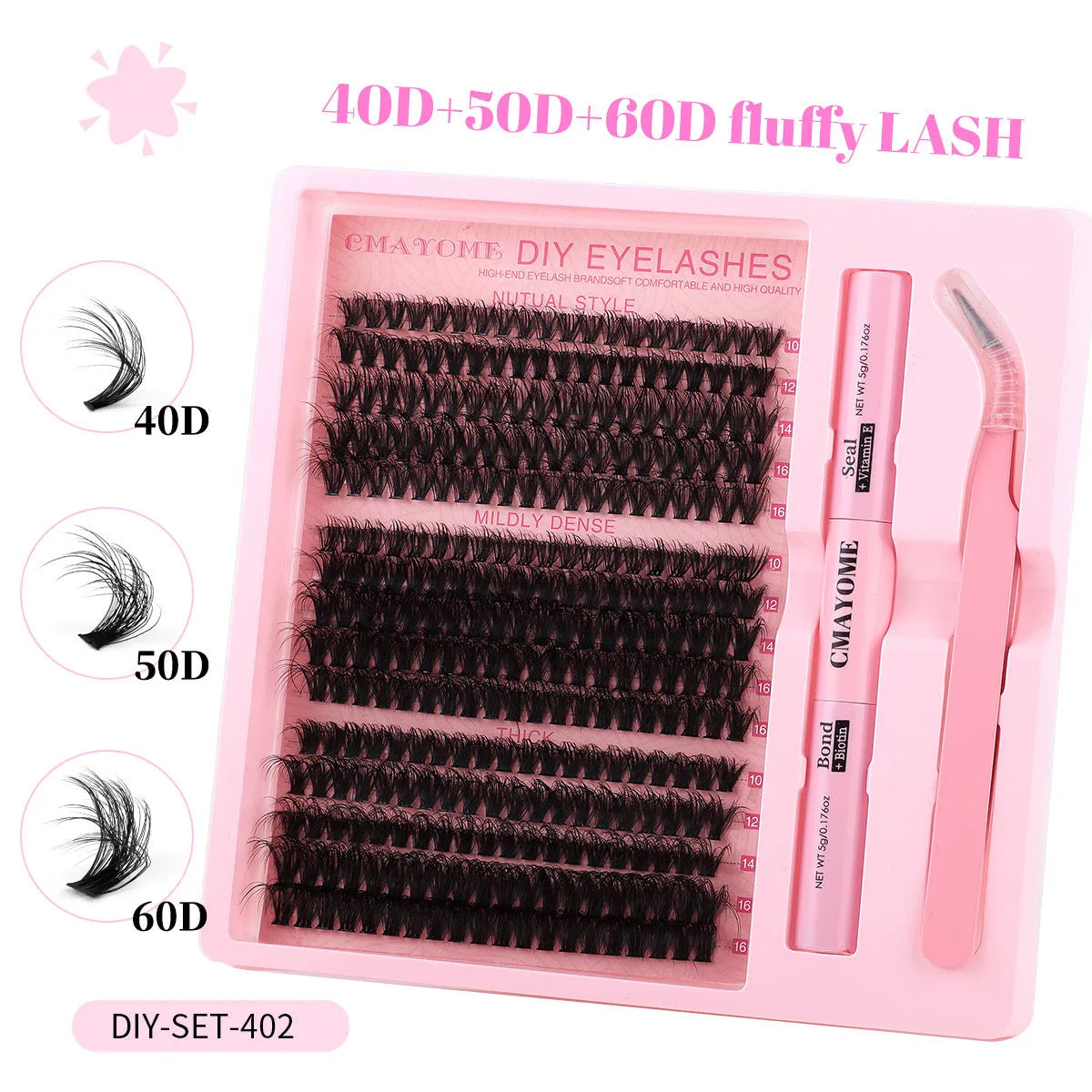 DIY false eyelashes extension suit showing cluster lashes and application tweezers for at-home use