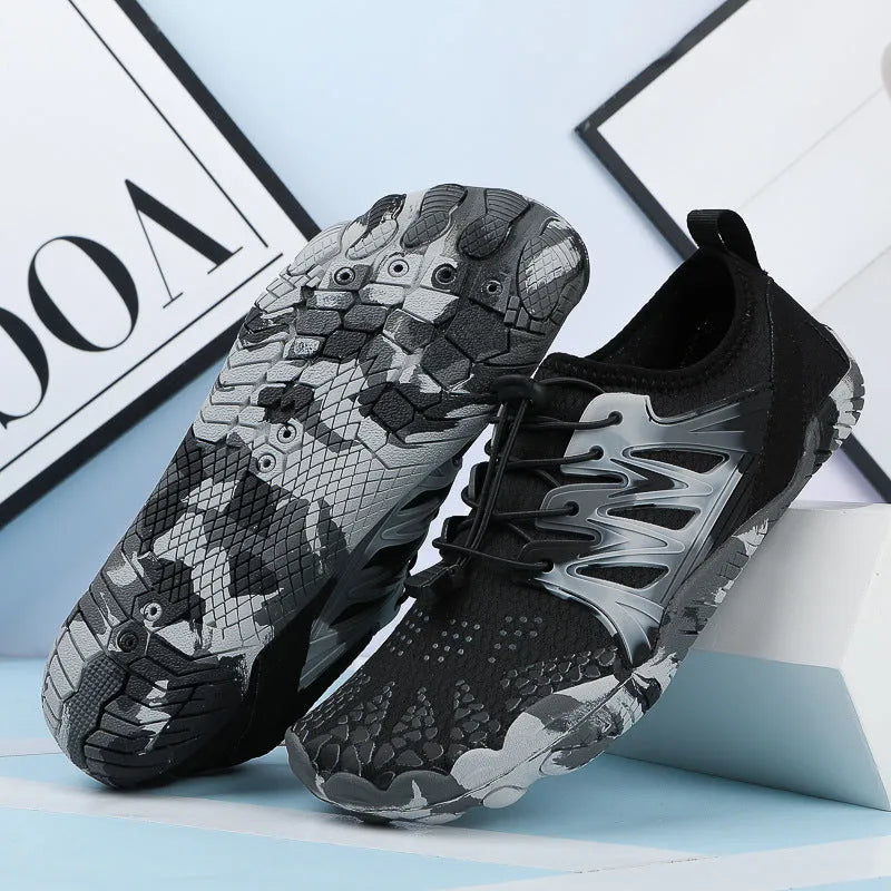 Men's and women's quick-drying lace-up wading shoes with mesh upper and textured rubber sole.