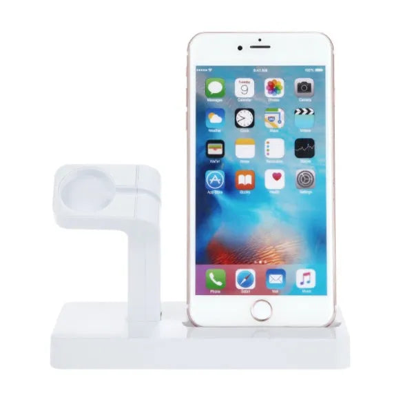 White 2-in-1 charging dock station holding iPhone and Apple Watch with cable management cutout