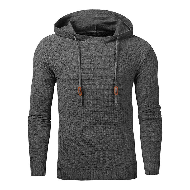 Men's black cotton-polyester blend hooded sweatshirt on a hanger.