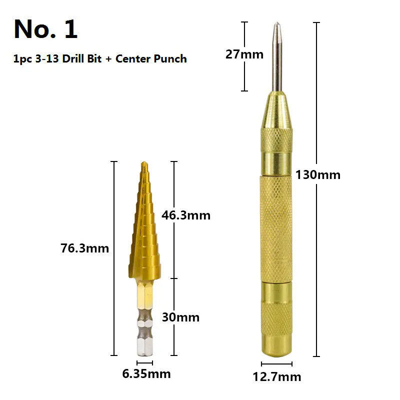 Step drill bit set with centre punch showing cone-shaped bits and colour-coded handles