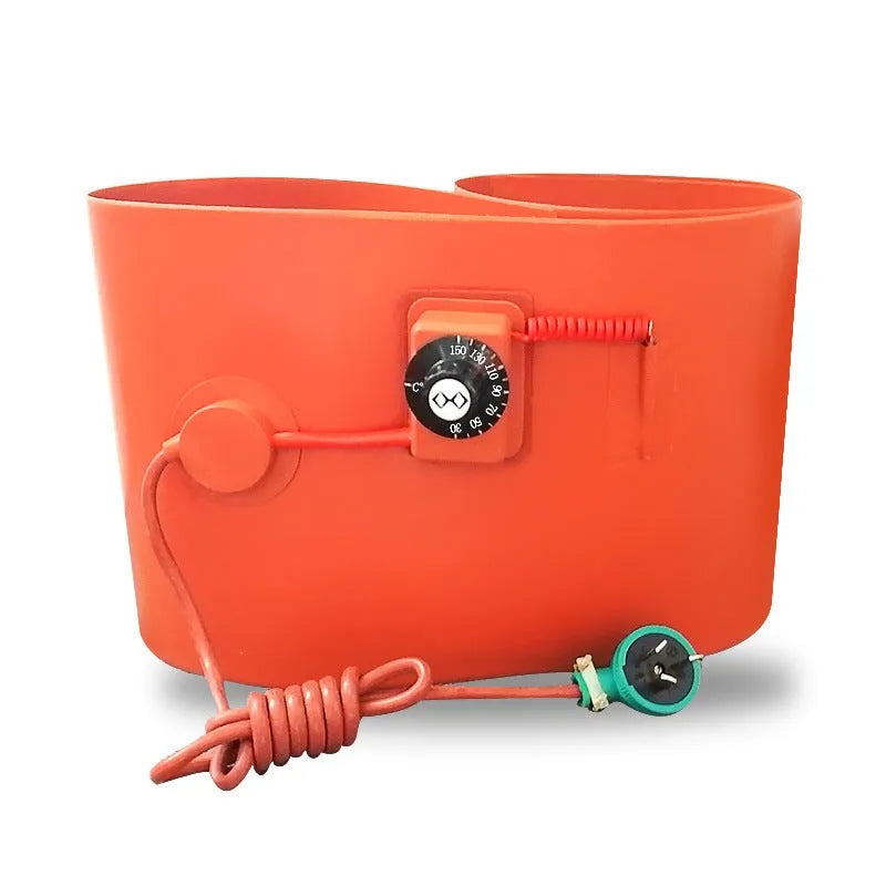 Silicone heating belt wrapped around 200-litre oil drum with digital display control unit